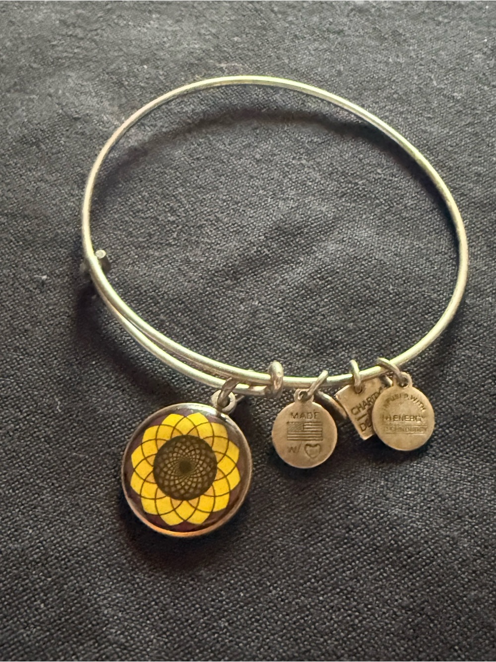 Alex and Ani Style Yellow Sunflower Charm silver tone Bangle Bracelet